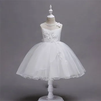Applique White Flower Girl Dress Pláž-line Deti Princezná bez Rukávov plesové Šaty Čaj Dĺžka Svadobný Tanec Tylu Prom Šaty