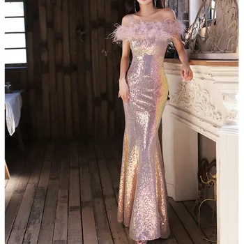 Bez ramienok Sequined Ružová Večerné Šaty pre Ženy, Luxusné Pierko Slim Trúby Formálnej Strany Maxi Šaty Iskru Prom Dlhé Šaty