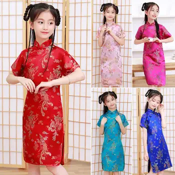 Deti, Dievčatá, Saténové Šaty Cheongsams Hanfu Tesný Phoenix Tlač Šaty Čínskej Tradičnej Kostýmy Princezná Dievčatá Šaty Cheongsams