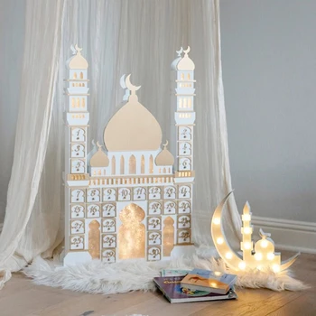 DIY Ramadánu Adventný Kalendár S Šuplíku Box Ramadánu Časovač Kalendár Pre Eid Mubarak Drevený Hrad LED Kalendár Skrine