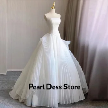 Dámske biele bez ramienok svadobné šaty s záhybov a dĺžka podlahy svadobné šaty Vestido formálne Vestido De Noiva