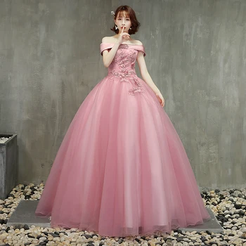 Elegantné Ramena Vestidos De Quinceaneras Ružová Tylu Nafúknuté Šaty Na Ples Klasické Čipky Kvet Plus Veľkosť Guľové Šaty