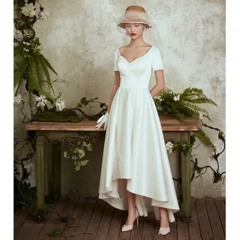 Elegantný Francúzsky Jednoduchý Biely Satén Prom Šaty Formálne Ženy Krátke Svadobné Party Šaty