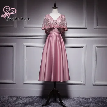 Elegantný V Krku Ružový Krátke Party Šaty s Čipkou Hore Čaj Dĺžka Striebro Burgundsko Sukienki Wizytowe návrat domov Šaty pre Ženy