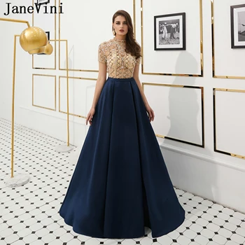 JaneVini 2019 Luxury Line Arabčina Dlhé Šaty Ples Vysokej Krku, Krátke Rukávy Ťažké Korálkové Tmavo Modré Saténové Šaty Vestidos De Gala