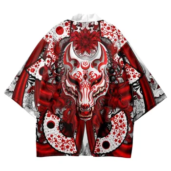 Japonský Fox Samuraj Print Biele Kimono Streetwear Cardigan Pláži Yukata Muži Ženy Cosplay Haori Harajuku Topy Ázijské Oblečenie