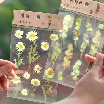 Jeden List Japonských Slov Nálepky 12 Vzory Prírodné Daisy Ďateliny Priehľadná Pet Materiál Kvety A Listy Rastliny Dekor Nálepky
