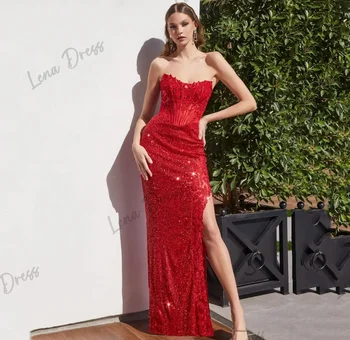 Lena-Červená Sequin Loptu Šaty 2024 Luxusné Večerné Šaty dámske Elegantné bez Ramienok Morská víla Šaty