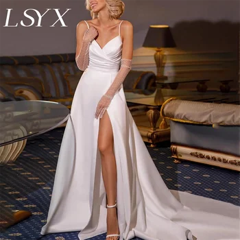 LSYX Prichádza S Rukavice tvaru bez Rukávov Záhybov Satin A-Line Svadobné Šaty Vysokej Strane Štrbiny Súd Vlak Svadobné Šaty na Zákazku