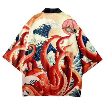 Móda Cardigan Pláži Japonské Anime Octopus Vlna Tlače Top Tradičné Kimono Ženy Muži Nadrozmerné Haori 4XL Ázijské Oblečenie