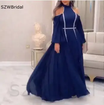 Nový Príchod Šifón Námornícka Modrá Večerné šaty pre ženy strany Vysoká Krku Dlhý rukáv Večerné šaty Vestidos de fiesta
