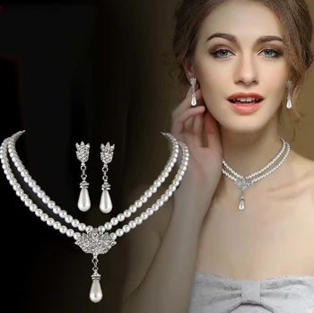 Perlový Náhrdelník Náušnice Nastaviť Striebro Nevesta Pearl Sady Šperkov Crystal Viacvrstvových Náhrdelník Šperky, Doplnky pre Ženy a Dievča