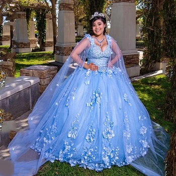 Sky blue (nebeská Modrá plesové Šaty, 15 Rok Starý Quinceanera Šaty 2023 S 3D Wrap Kvetov Lúk Dĺžka Podlahy Narodeninovej Party Šaty