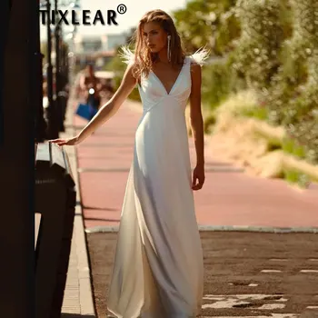 TIXLEAR 2022 Sexy tvaru Jednoduché Svadobné Šaty, Saténové Backless Letné Beach Svadobné Šaty bez Rukávov Sweep Vlak Vestido De Novia