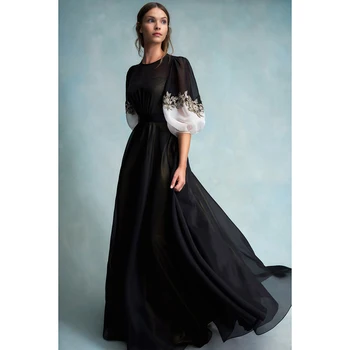 Transparentné, Čierne Večerné Šaty Pre Ženy Módne-line O-krku Tylu Ženy Elegantné Oblečenie Nášivka Šaty So Zlatým Obloženie