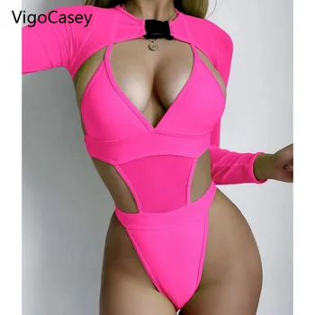 VigoCasey 2023 Pevné Dlhý Rukáv, Plavky Ženy Sexy Vysoký Pás Rez Jednodielne Plavky Celé Plavky Oka Duté Leto, Pláž, Kúpanie