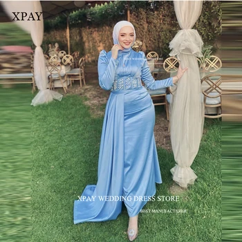 XPAY Elegantné arabské Moslimské Ženy Večerné Šaty Svetlo Modrej Dlhé Rukávy Vysoká Krku Perly Formálne Prom Šaty Svadobné Party Šaty