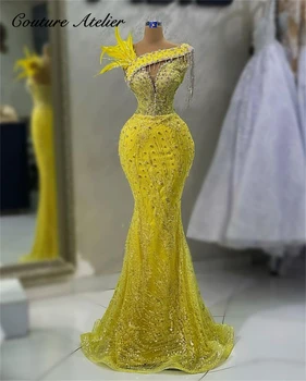 Žltá Perie Dubaj Morská víla Večerných Šiat, arabčina Iskrivý Strapce Crystal Korálkové Formálnu Svadbu, Ples Šaty Zapojenie vestido